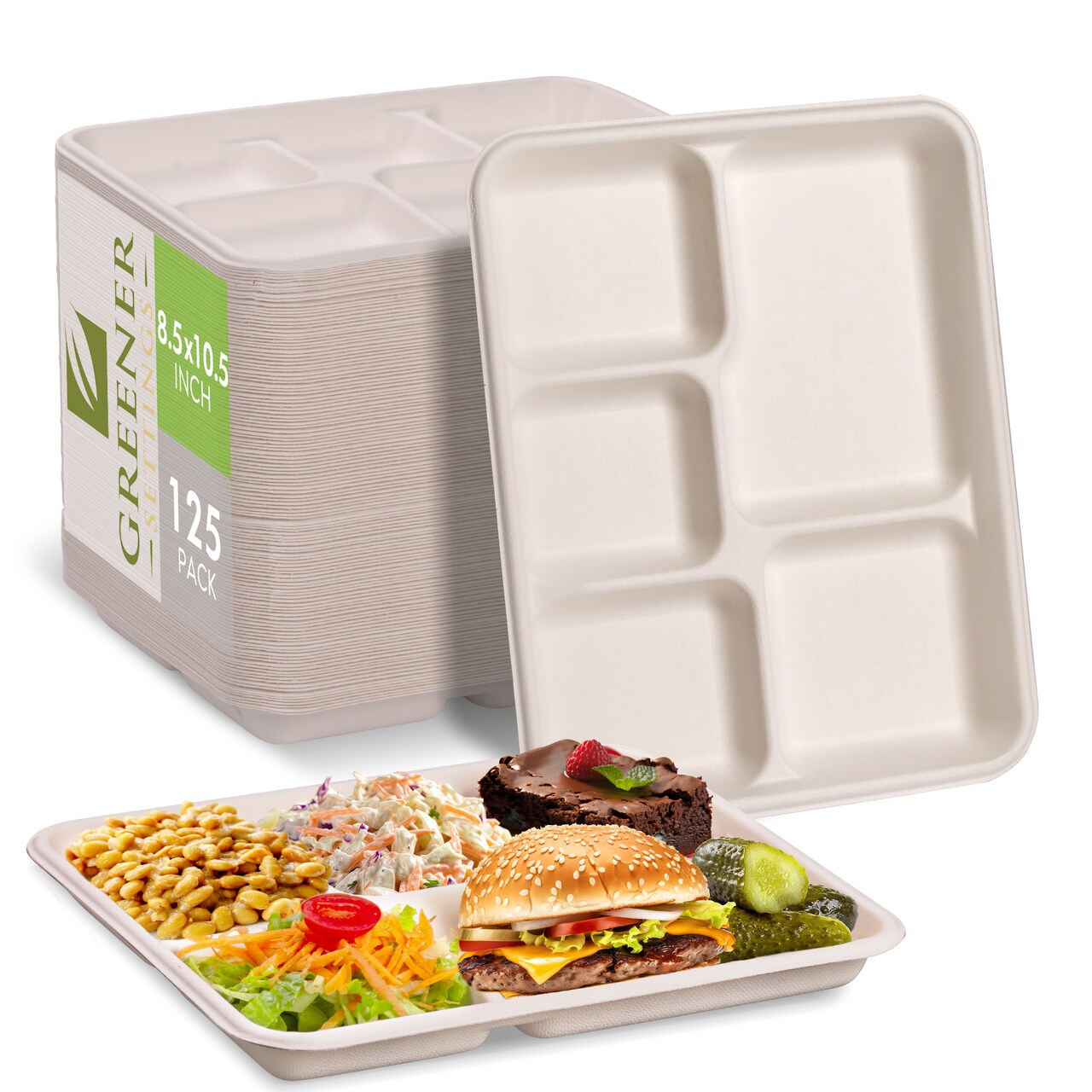 Natural 5 Compartment Compostable Disposable Paper Plate (125 Trays)